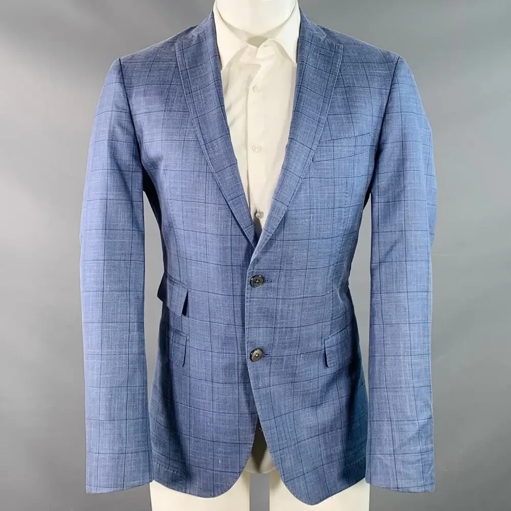 HUGO BOSS Size 40 Blue Black Window Pane Silk Linen Tailored Fit Sport Coat